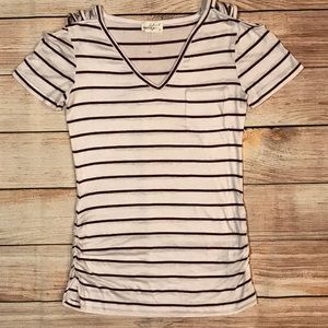 V-Neck Stripped White/Burgundy Cold Shoulder Tee